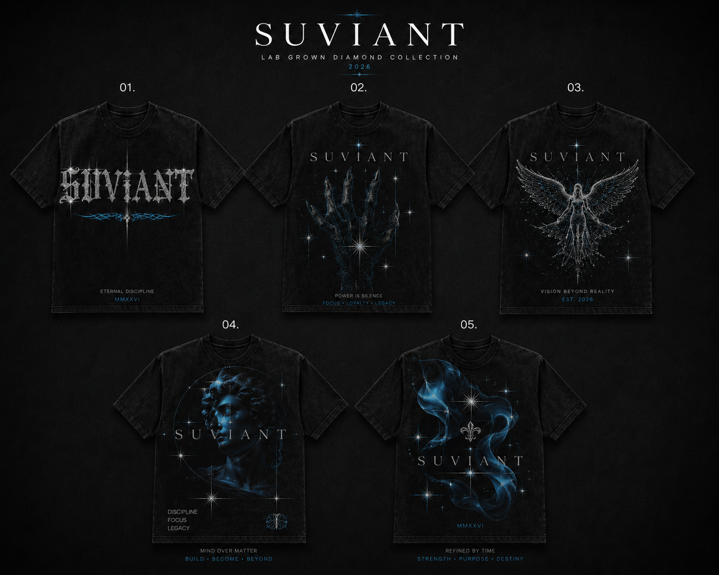 Five original SUVIANT Lab Grown Diamond Collection graphic T-shirt designs